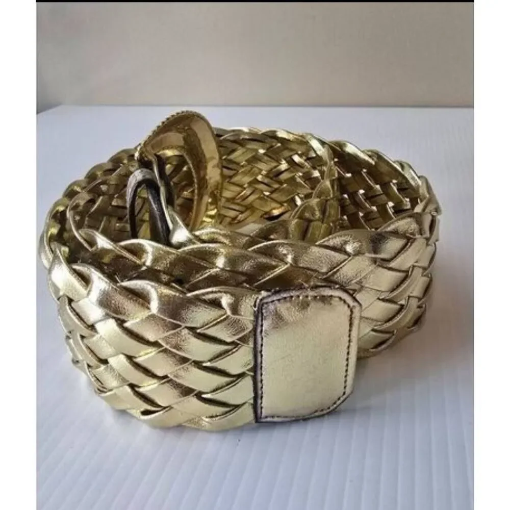 Gold Belt Wide Woven Faux Leather Sz M